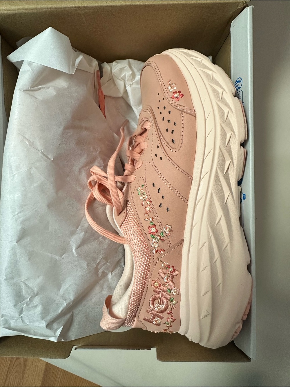 Hoka Vibrant Bloom Bondi L Peach color Floral Embroidered Platform Sneaker